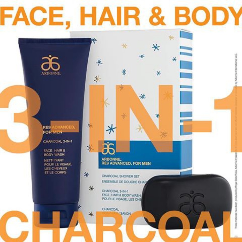Arbonne RE9 Advanced For Men Charcoal Shower Set